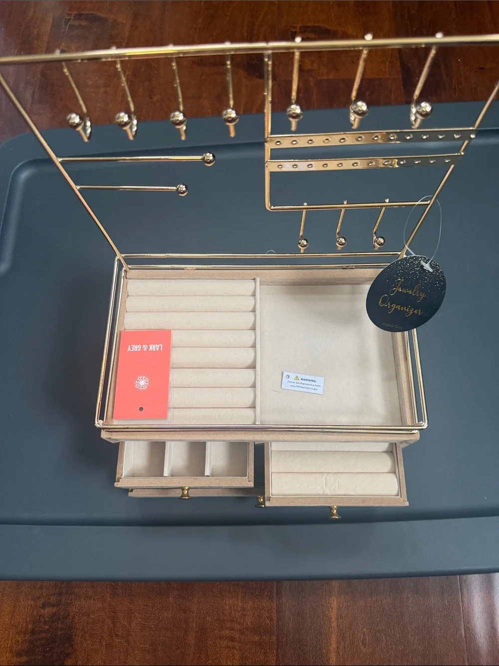 Gold Jewelry Organizer Box with Earring & Ring Storage